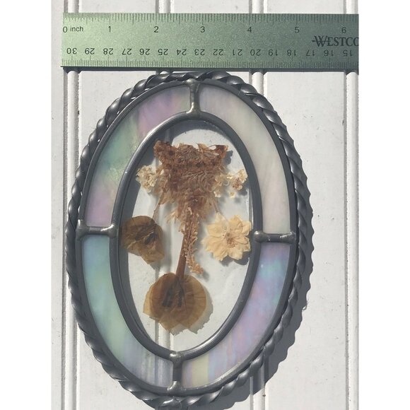 Vtg Stained Glass Pewter Frame Dried Flowers Floral Wall Hanging Sun Catcher Art - Picture 8 of 11